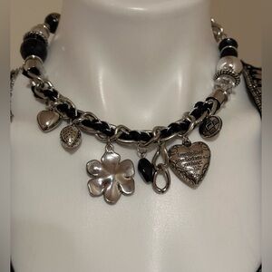 Silver-Tone Heart & Flower Charm Necklace with Black Accents